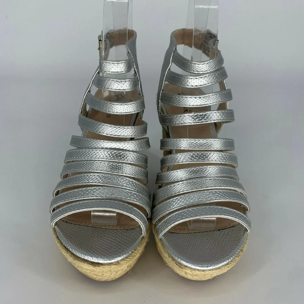 QUPID Cage Open Toe Wedges Sandals Slingback Heels Silver Size 7.5 Rattan Wicker